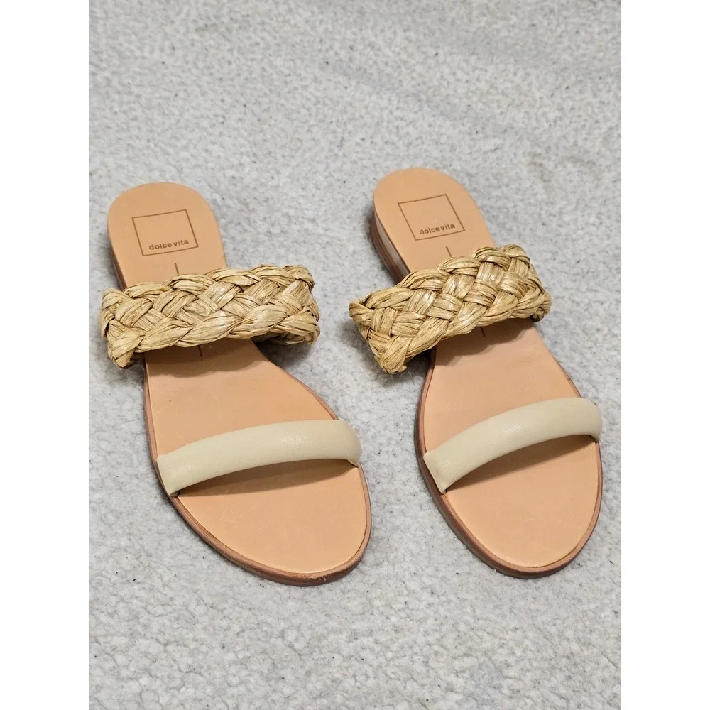 Dolce Vita Womens Sz 8 Braided Raffia Slide Sandals Cream Tan Flat Summer Shoes